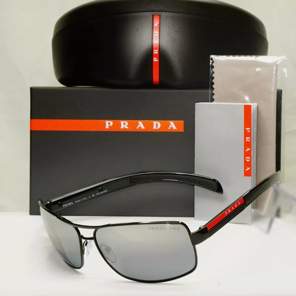 Prada Polarized Mens Sunglasses Silver Mirror Black New